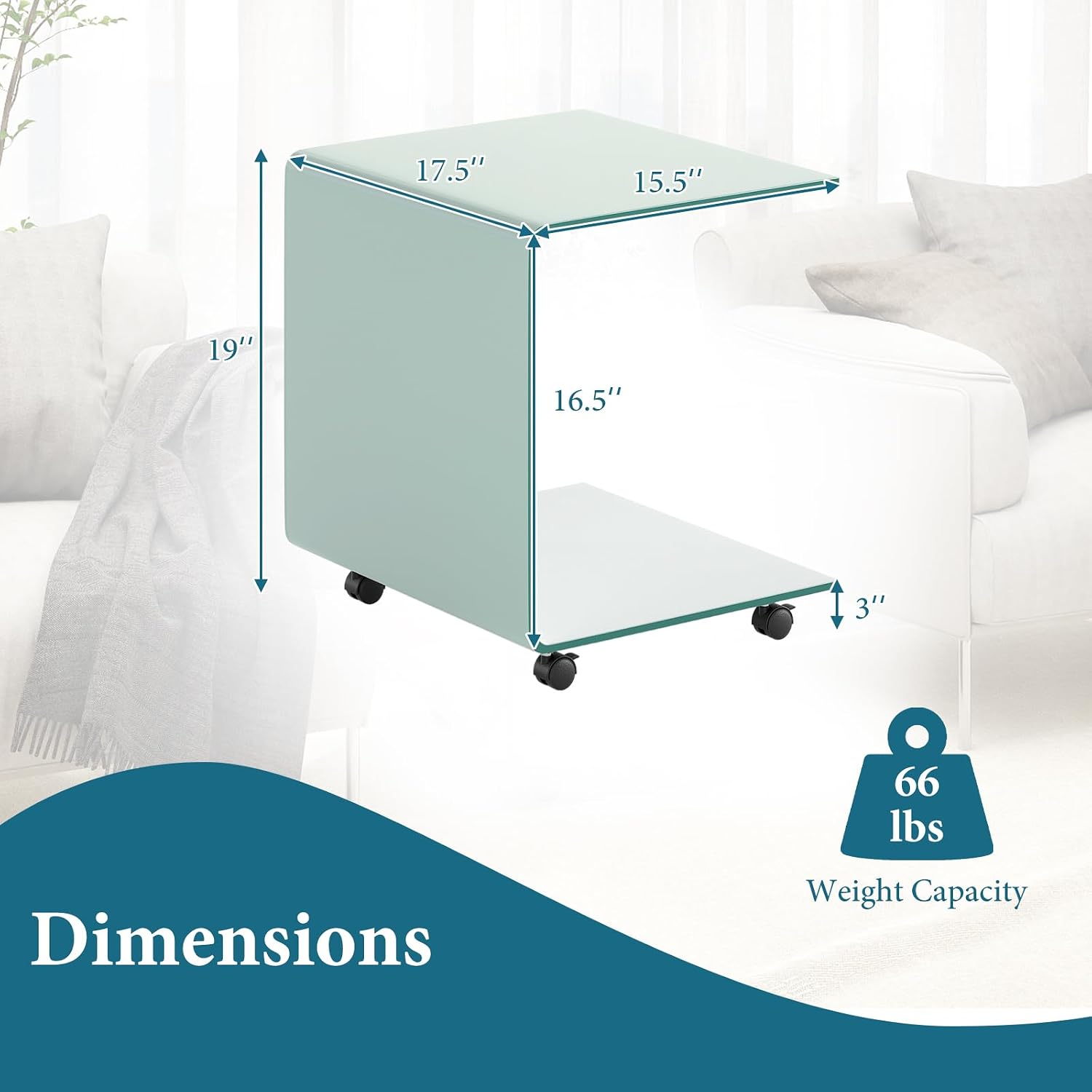 Tangkula Tempered Glass Side Table, Modern C-Shaped Bedside Table Nightstand with Storage Shelf, 4 Lockable Universal Wheels, Rolling Sofa End Table for Living Room Bedroom Office (2, White)