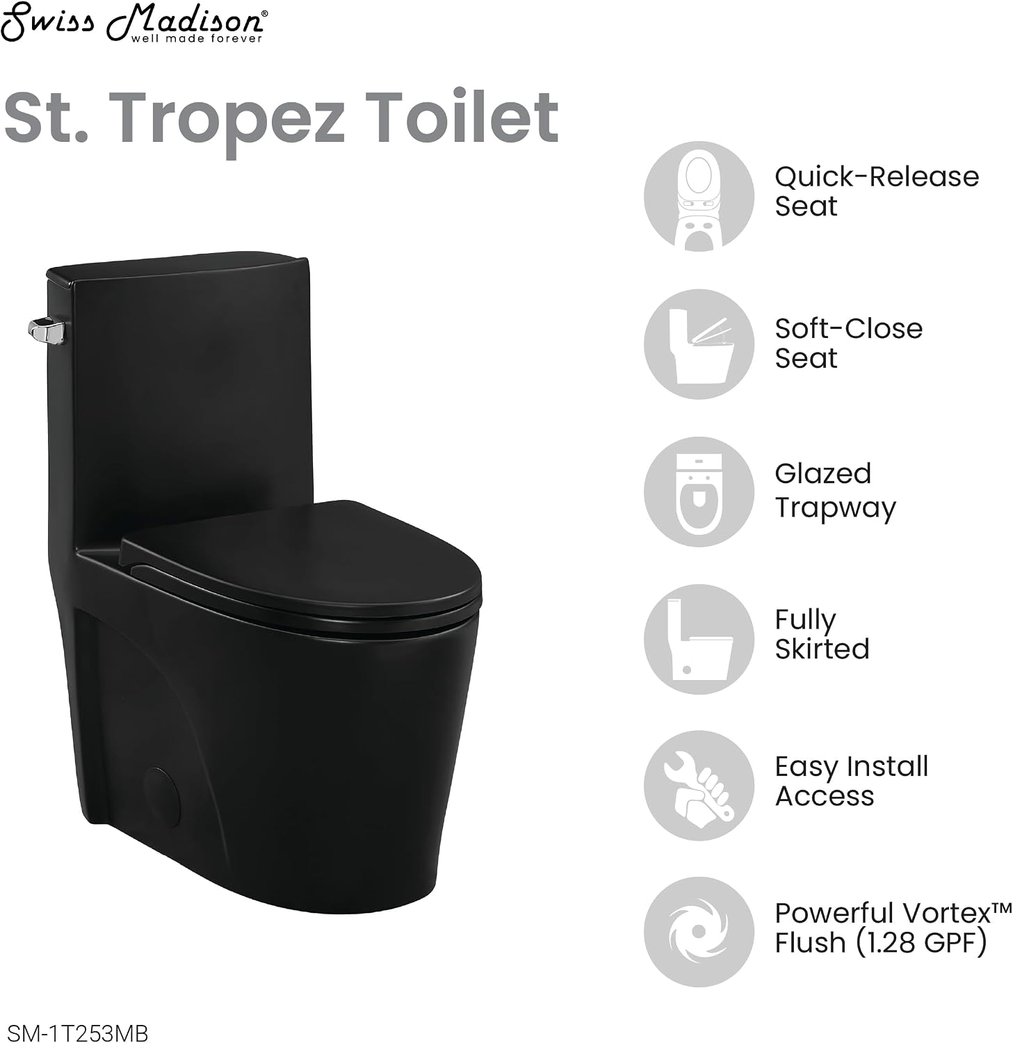 St. Tropez One-Piece Elongated Toilet Left Side Vortex Flush Handle in Matte Black 1.28 gpf