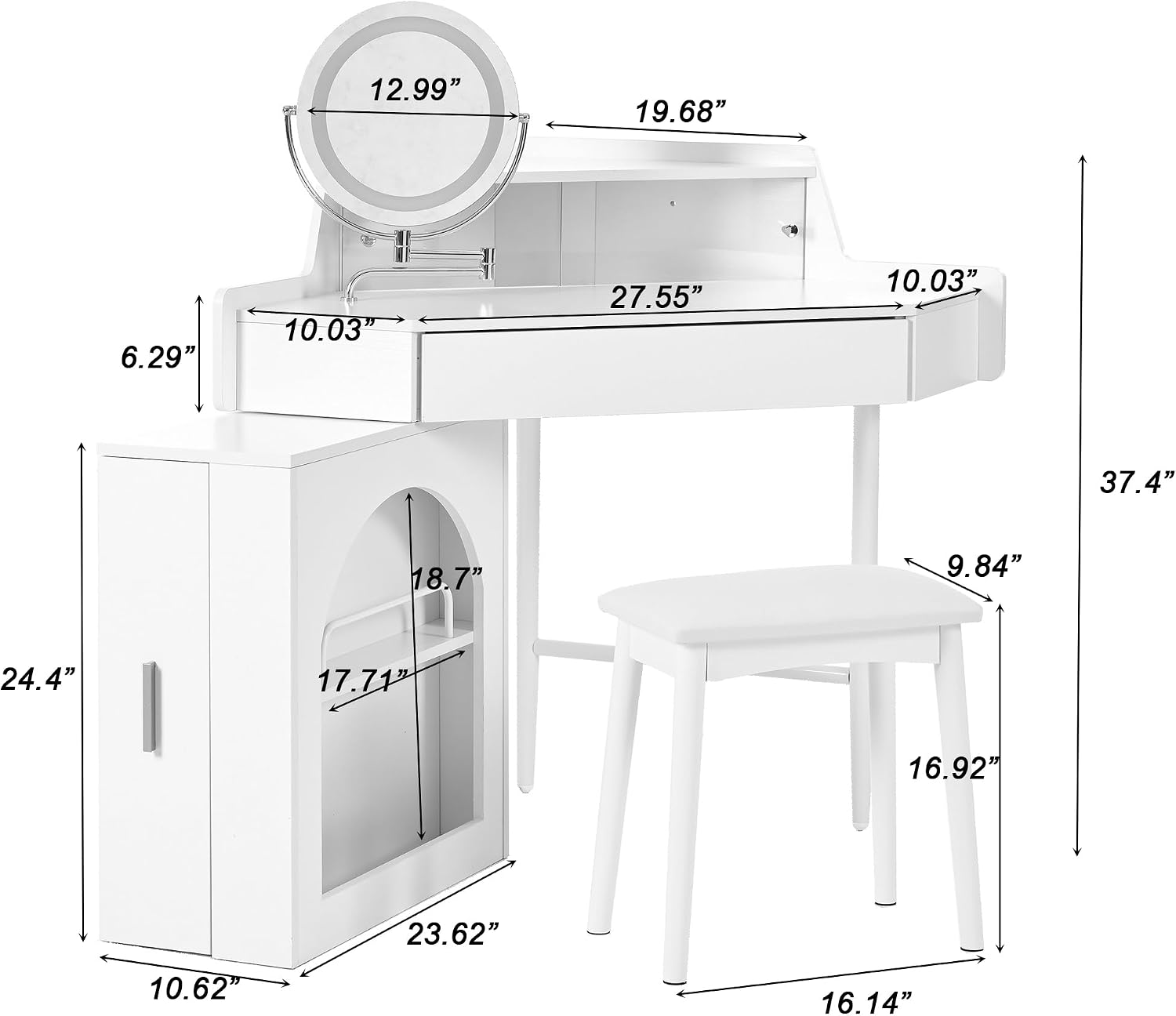 Merax Corner Vanity Desk with Mirror and Lights, 55.9' L Makeup Vanity Set with Side Storage Cabinet and Stool, Dressing Table with Small Sliding Glass Door, Drawer and Display Shelf, White