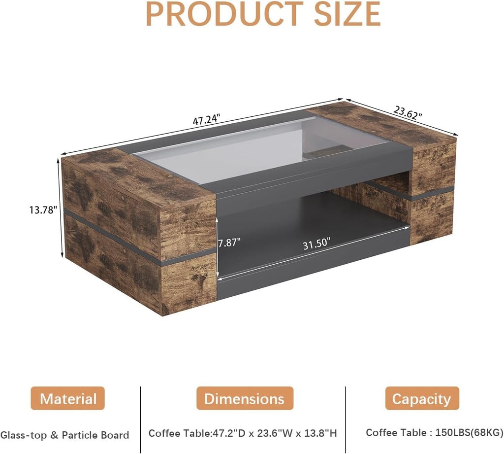 HedoAjim 47.2' Modern Stylish Coffee Table with Glass Table Top, Large Living Room Table Rectangular 2-Tier Center Tables with Storage, Wood Cocktail Tea Tables for Dining Reception Room (Rustic)