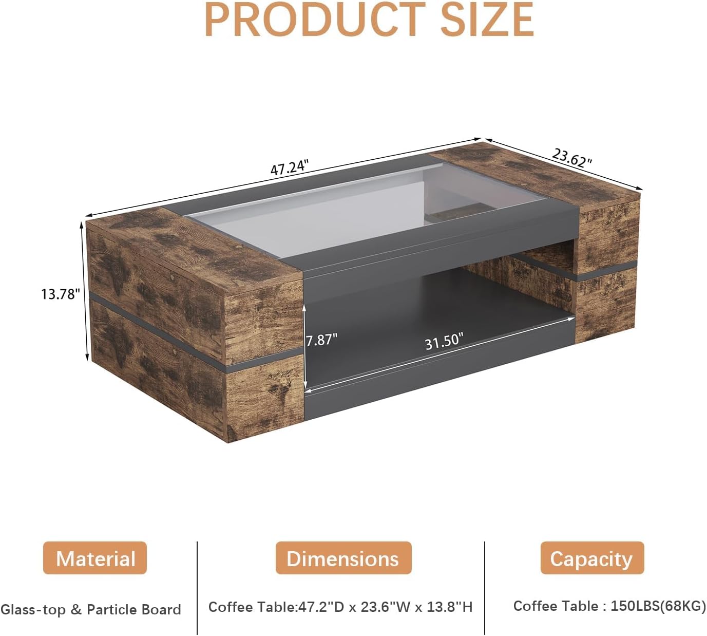 HedoAjim 47.2' Modern Stylish Coffee Table with Glass Table Top, Large Living Room Table Rectangular 2-Tier Center Tables with Storage, Wood Cocktail Tea Tables for Dining Reception Room (Rustic)
