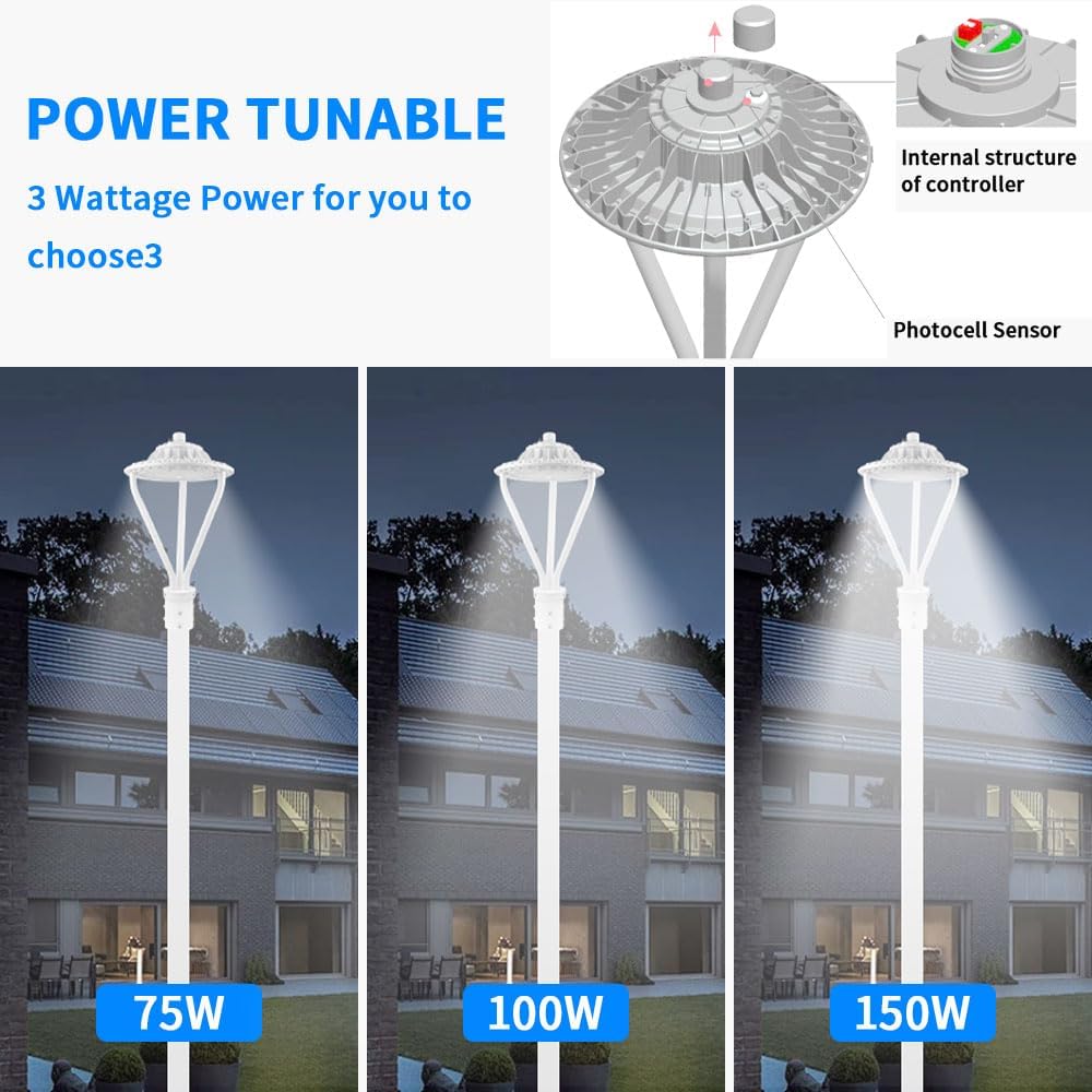 LED Post Top Light 75/100/150W Adjustable 19500 LM 3000/4000/5000K LED Circular Area Light Outdoor Pole Lights with Photocell, IP67 Parking Lot Lights Fixture Commercial Lighting, 100-277V