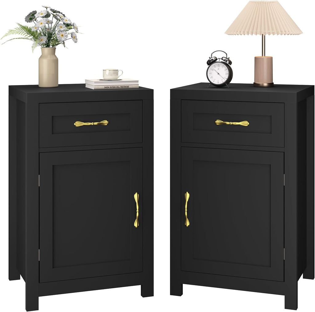 Black Nightstand Set of 2 with Drawer, Farmhouse End Table with Storage Cabinet and Adjustable Shelf, 30' Tall Bedside Table Rustic Wood Sofa Side Table for Living Room, Bedroom
