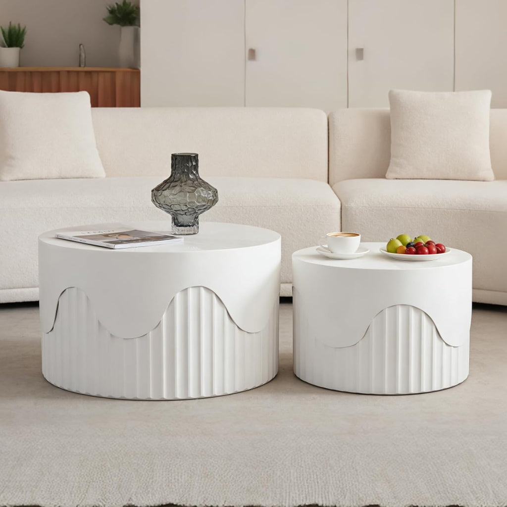 Fluted Round Nesting Coffee Table Set of 2, Modern Unique Circle Coffee Table, Drum Side Tea Table, Space-Saving for Living Room, Bedroom, Balcony, Office, No Assembly (26.77'+19.69' White A)