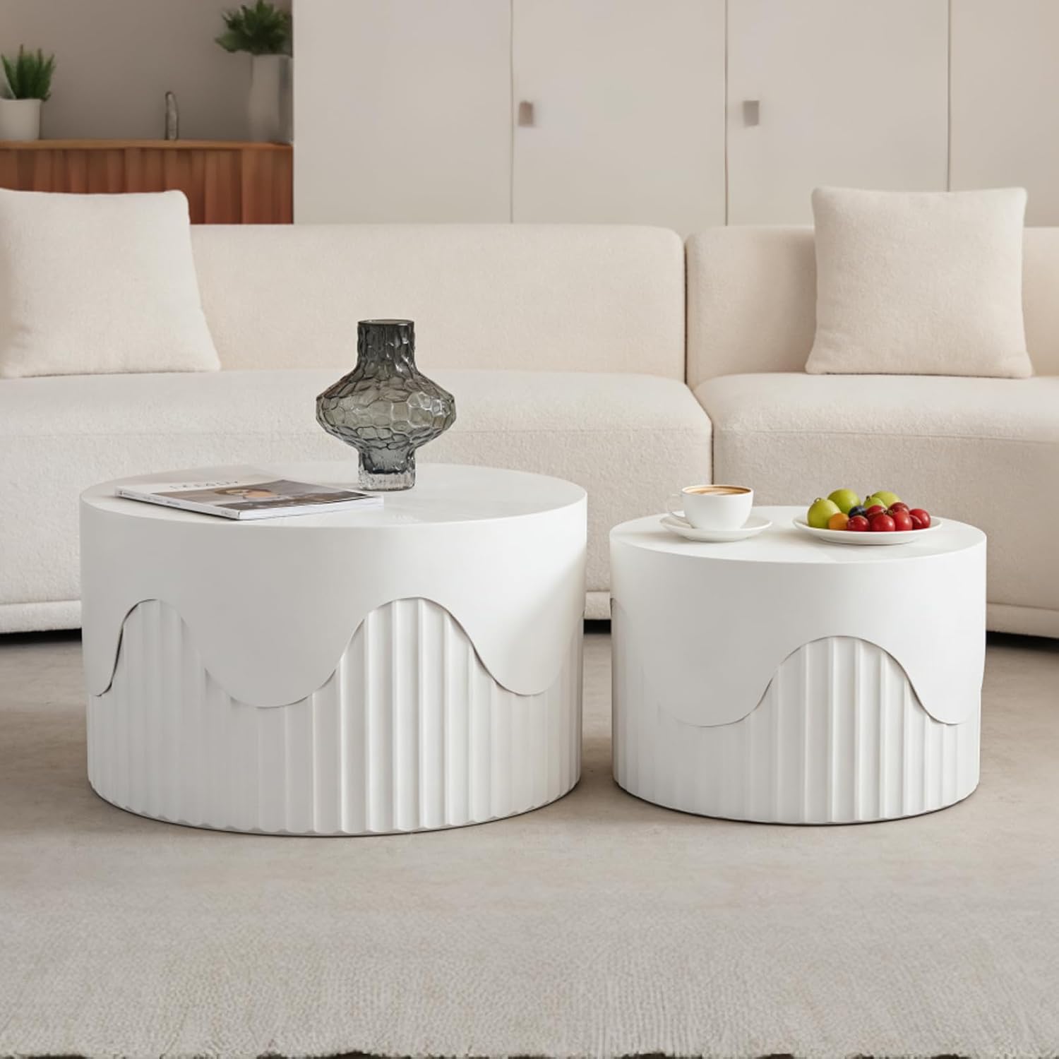 Fluted Round Nesting Coffee Table Set of 2, Modern Unique Circle Coffee Table, Drum Side Tea Table, Space-Saving for Living Room, Bedroom, Balcony, Office, No Assembly (26.77'+19.69' White A)