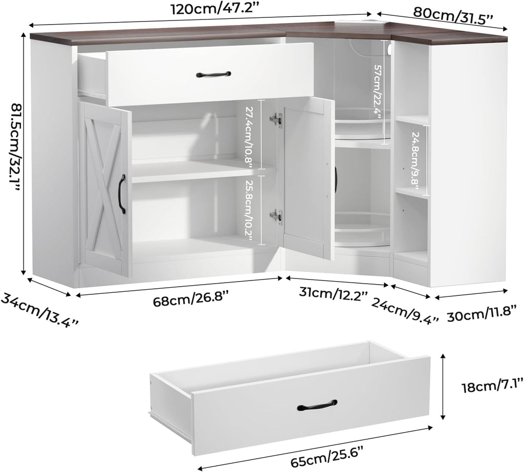 Loomie Corner Cabinet w/Charging Station, Kitchen Pantry Cabinet w/2 Tier Lazy Susan Turntable, Farmhouse Food Pantry w/Drawer & Doors & Adjustable Shelf, L-Shaped Sideboard for Dining Room (White)