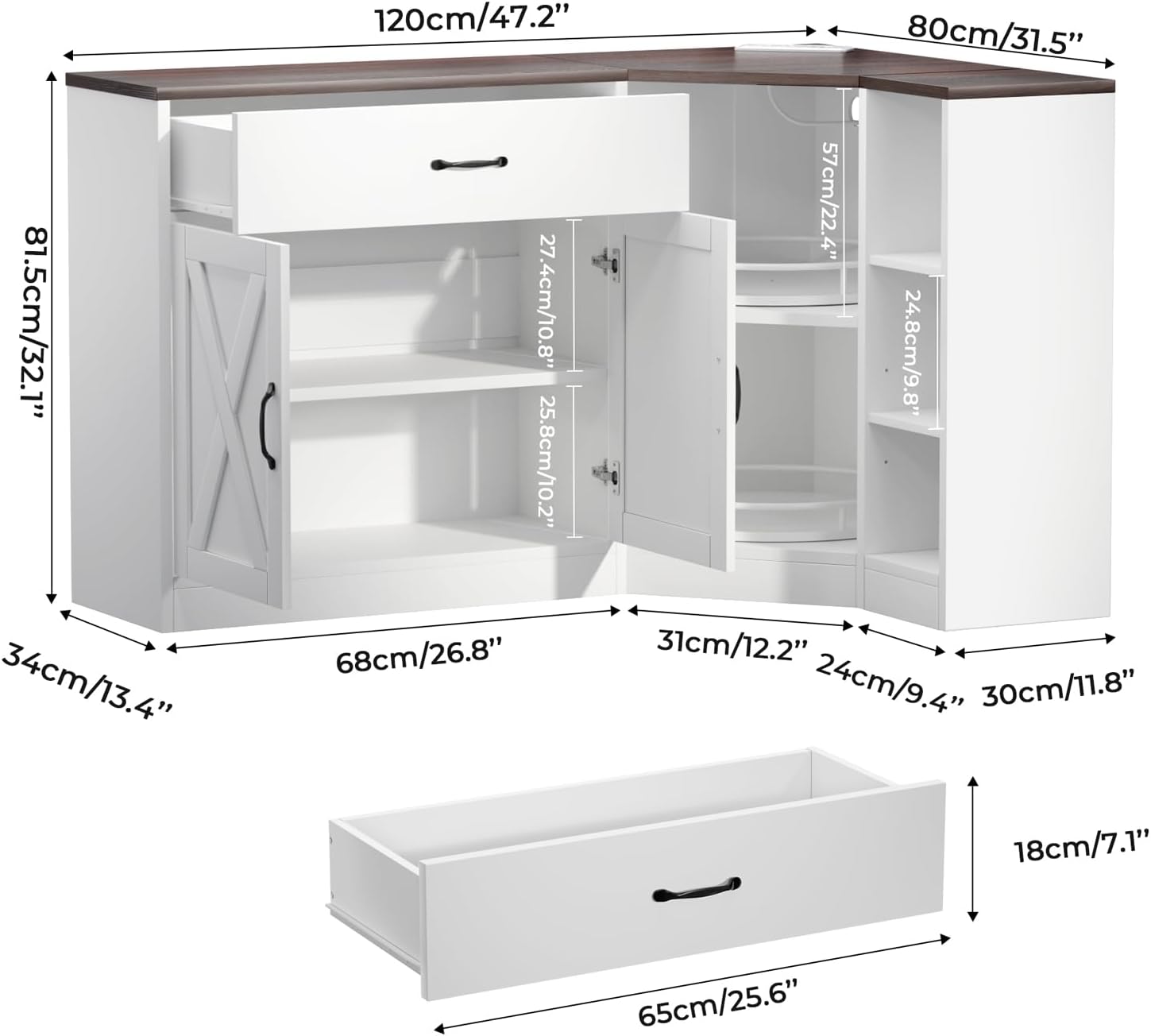 Loomie Corner Cabinet w/Charging Station, Kitchen Pantry Cabinet w/2 Tier Lazy Susan Turntable, Farmhouse Food Pantry w/Drawer & Doors & Adjustable Shelf, L-Shaped Sideboard for Dining Room (White)