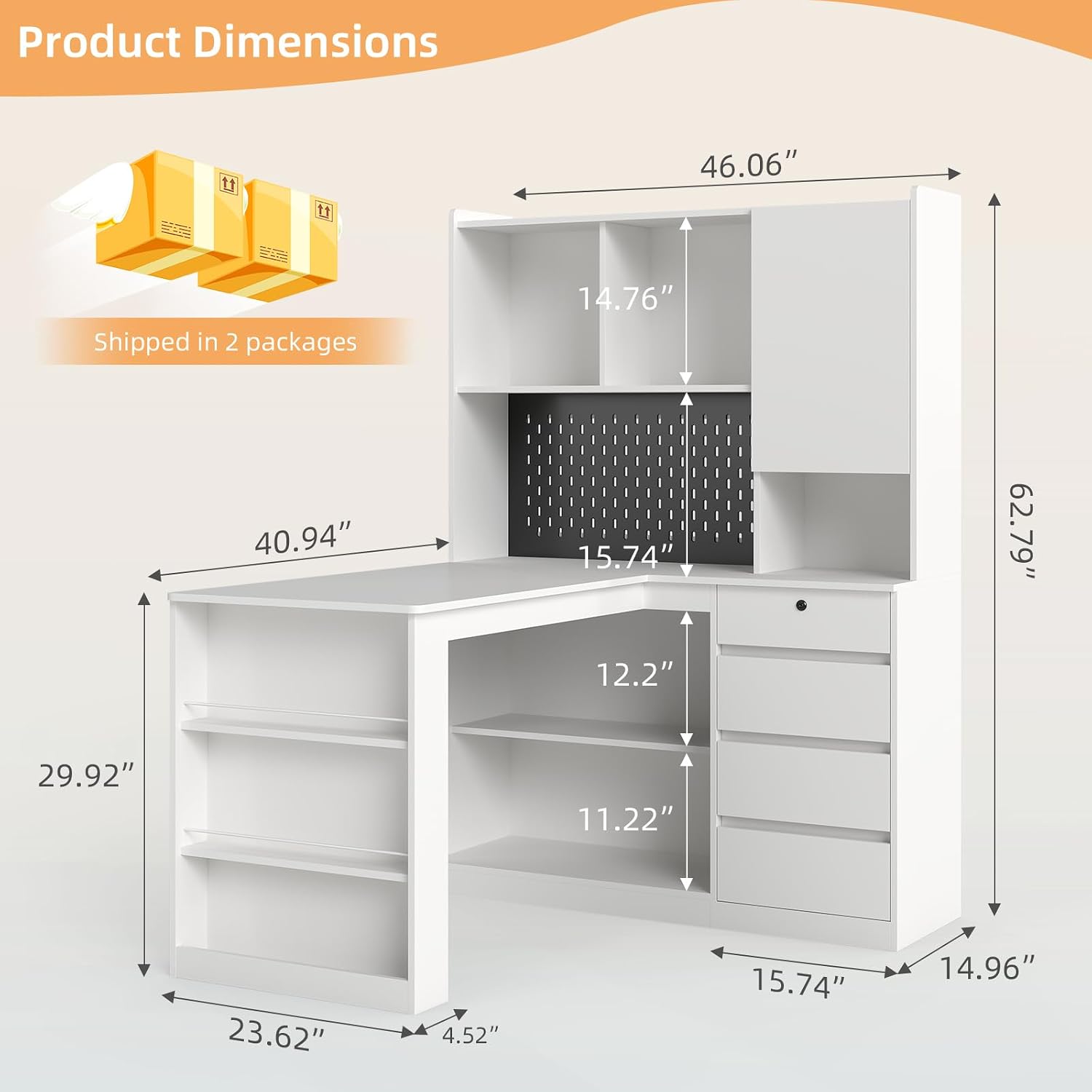 Zevemomo L Shaped Desk with Hutch and 4 Drawers, Computer Desk with USB Ports, Power Outlets & LED Light, Wood Corner Computer Desks with Storage Shelves for Home Office, White, Left Long