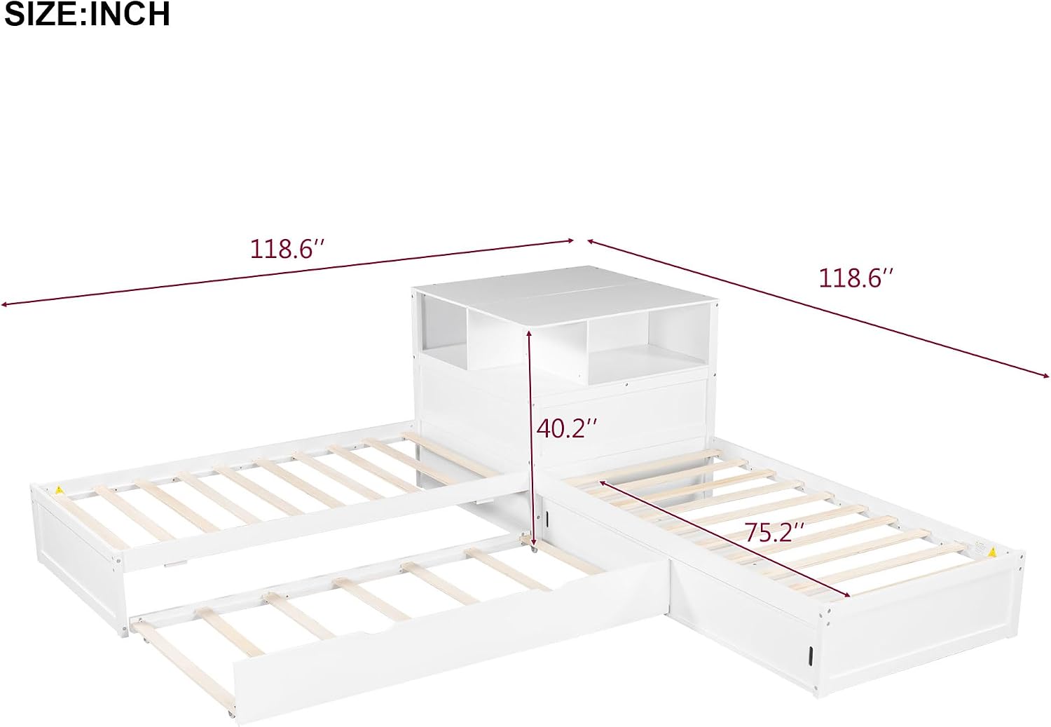 Ball & Cast Twin Size L-Shaped Platform Bed with Storage Cabinets and Multifunctional Desk,Wood Corner Daybed w/Trundle & LED Light,No Box Spring Needed,for Bedroom,Guest Room,Living Room,White
