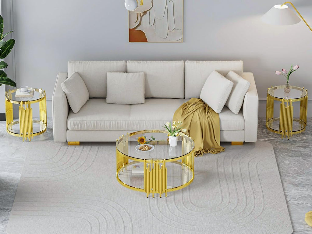 Luxury Gold Round Glass End Table Set of 2, 19.7' Modern Side Table with Stainless Steel Irregular Leg Clear Tempered Glass Tabletop, Accent Furniture for Living Room, Clear