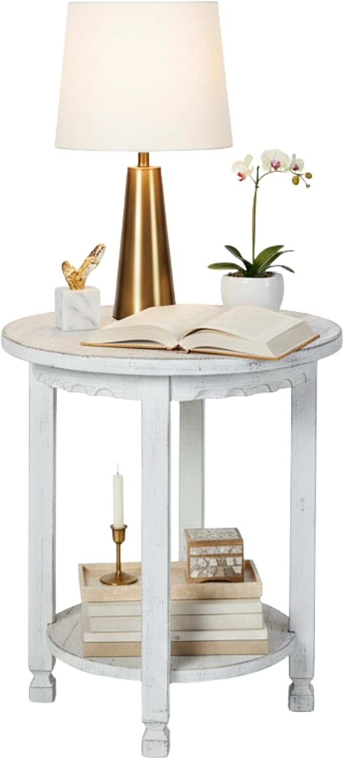 Alaterre Furniture Country Cottage Rustic Farmhouse Nightstand – 20-Inch Side Table with Lower Shelf, Carved Edges & Square Turned Legs – Accent Table for Living Room or Bedroom (Antique White)