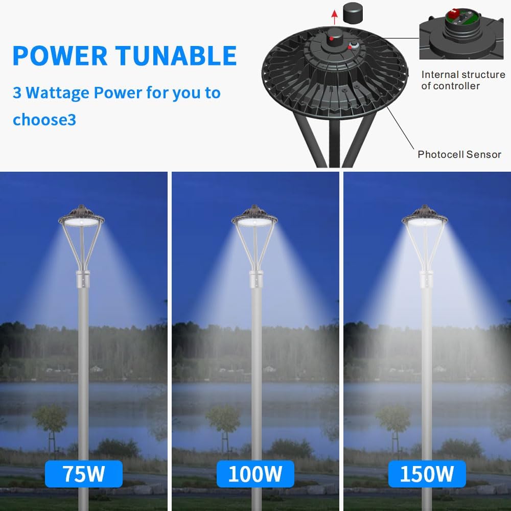 LED Post Top Light 75/100/150W Adjustable 19500 LM 3000/4000/5000K LED Circular Area Light Outdoor Pole Lights with Photocell, IP67 Parking Lot Lights Fixture Commercial Lighting, 100-277V
