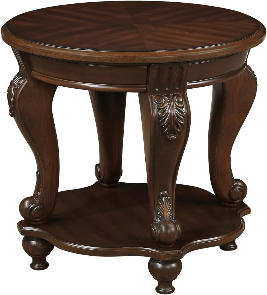 Vintage Small Round End Table 22' Wood Side Table, Antique Table Legs with Elegant Carvings, Easy Assembly, Cherry