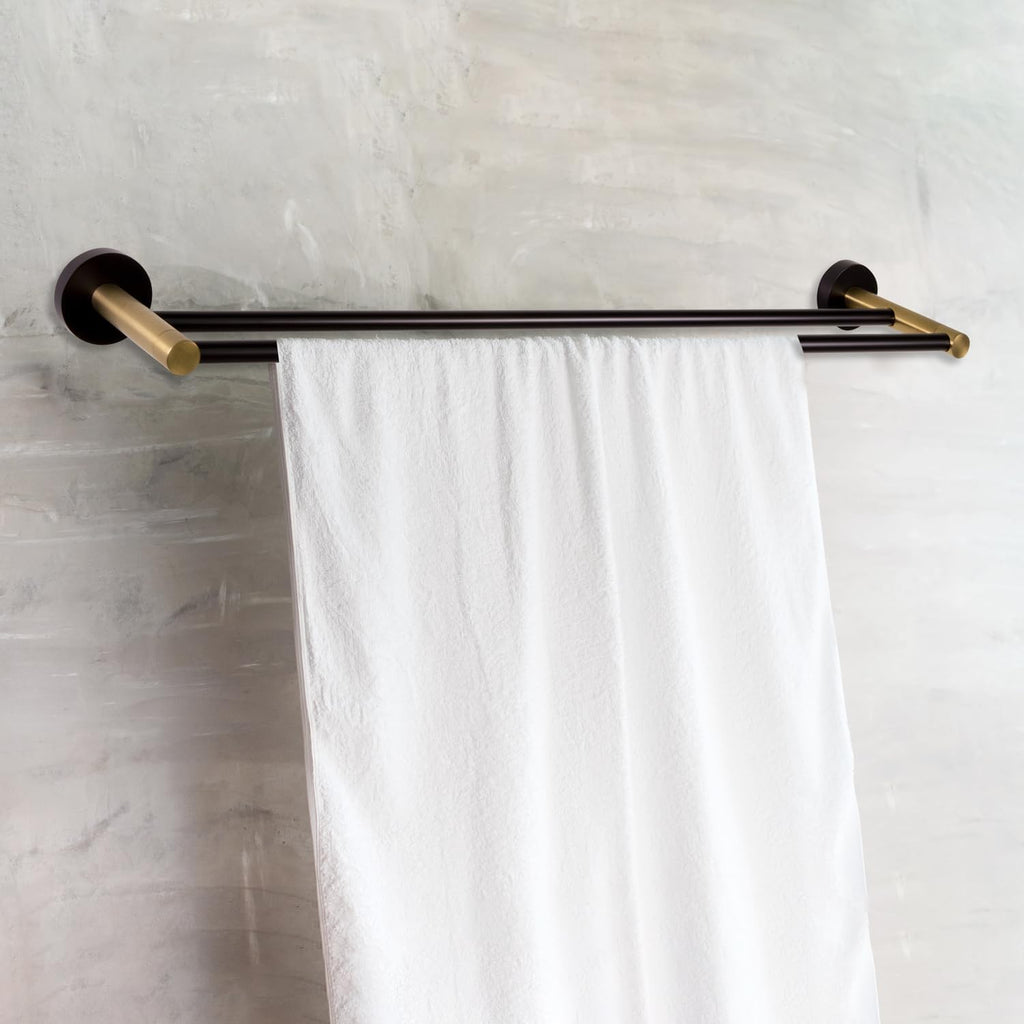 HomeStock Double Towel Bar 24 Inch - Matte Black & Gold Bathroom Hardware