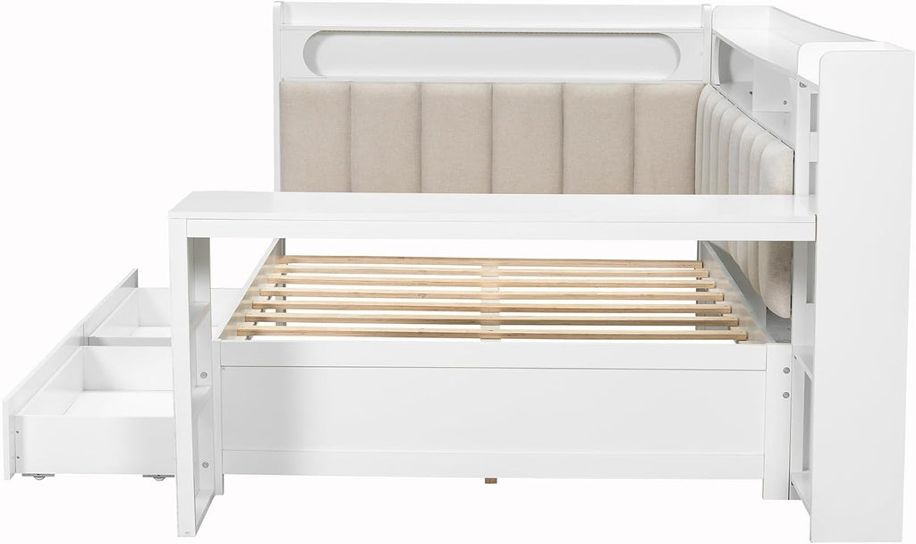 VilroCaz Full Size Daybed Sofa Bed with L-Shaped Upholstered Headboard and Desk, Wooden Corner Platform Bed Frame with 2 Drawers, Storage Shelves, Charging Station and Light Strip (White-8.26)
