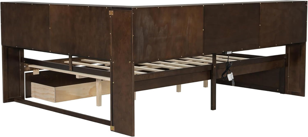 VilroCaz Queen Size Daybed with L-Shaped Headboard &Bookcases, Solid Wood Daybed Sofa Bed Frame with 2 Storage Drawers, USB, LED for Office Living Room Bedroom (Brown-2.18)