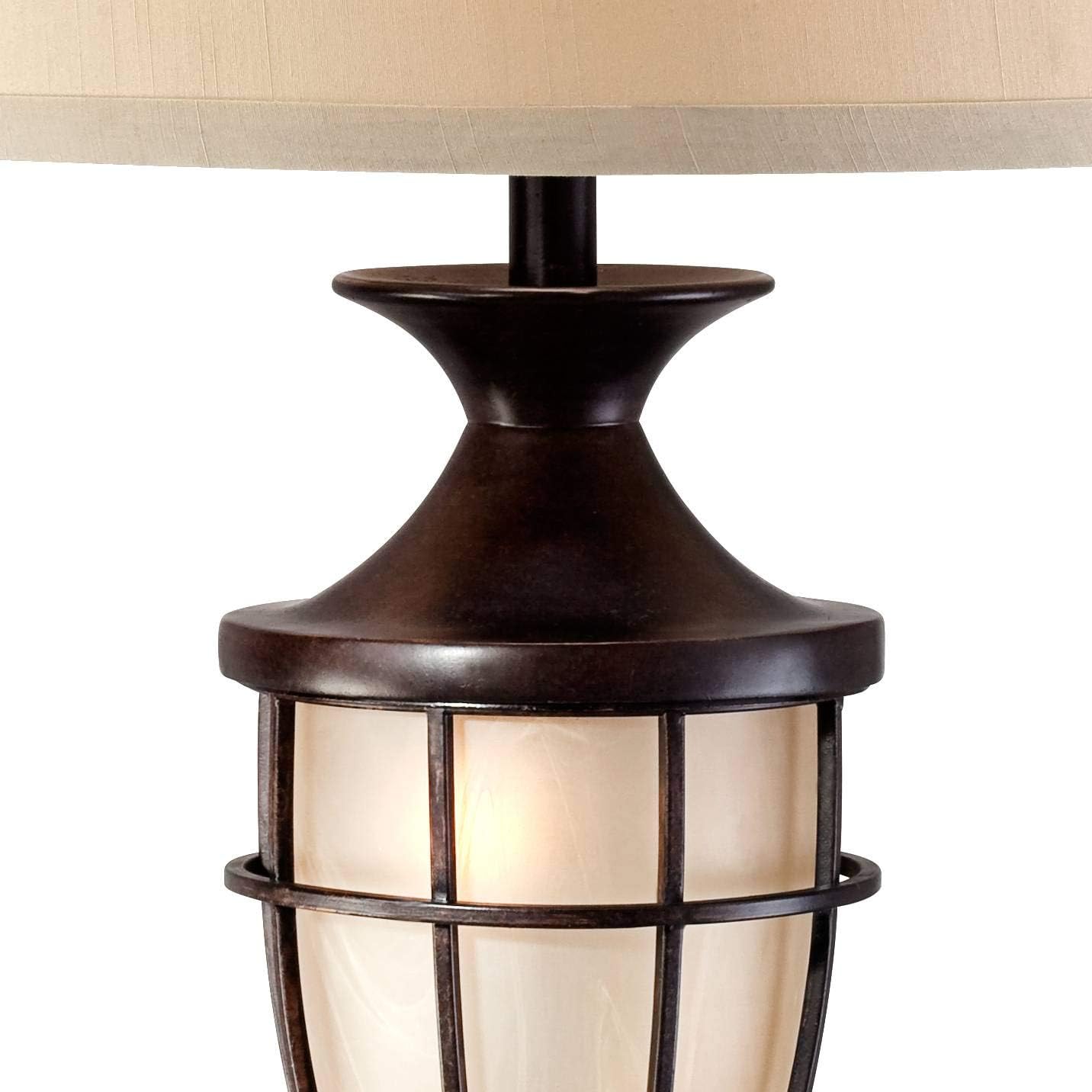 John Timberland Mission Style Table Lamp with Nightlight 33' Tall Champagne Glass Brushed Iron Cage Beige Fabric Drum Shade for Living Room Bedroom House Bedside Nightstand Home Office Entryway