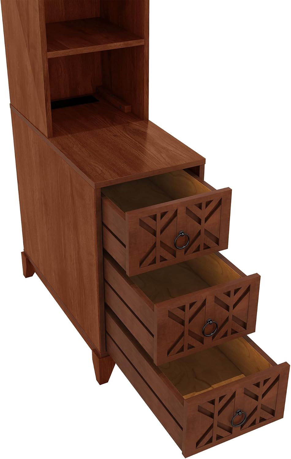 Mirightone Tall End Table with 3-Drawer and Shelves, Narrow Side Table with Charging Station, High Slim Corner Cabinet Bedside Table with Storage Bookcase for Living Room Bedroom, Walnut