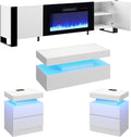 VanAcc 4-Piece Living Room Table Set, 70' Fireplace TV Stand with High Gloss Doors, Modern Coffee Table, LED Light End Table,High Glossy Table Sets for Living Room, White & Black