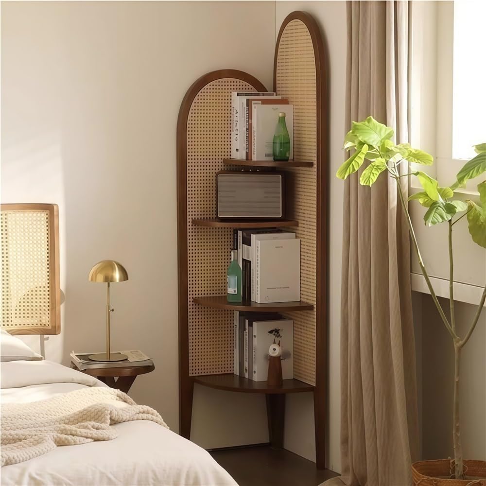 4 Tier Corner Shelf, Rattan Display Shelves with Solid Wood Frame, Bookshelf Stand for Living Room, Bedroom, or Office(Brown)
