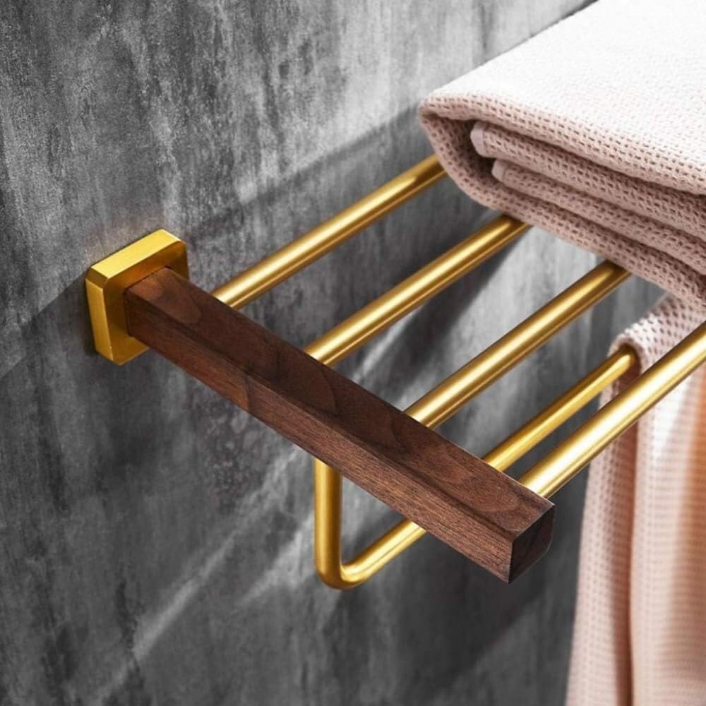 Nordic Style Floating Shelf with Towel Bar, Black Walnut & Gold Wall Decoration, Multi-Purpose Wall Hanging Storage - 60x23cm