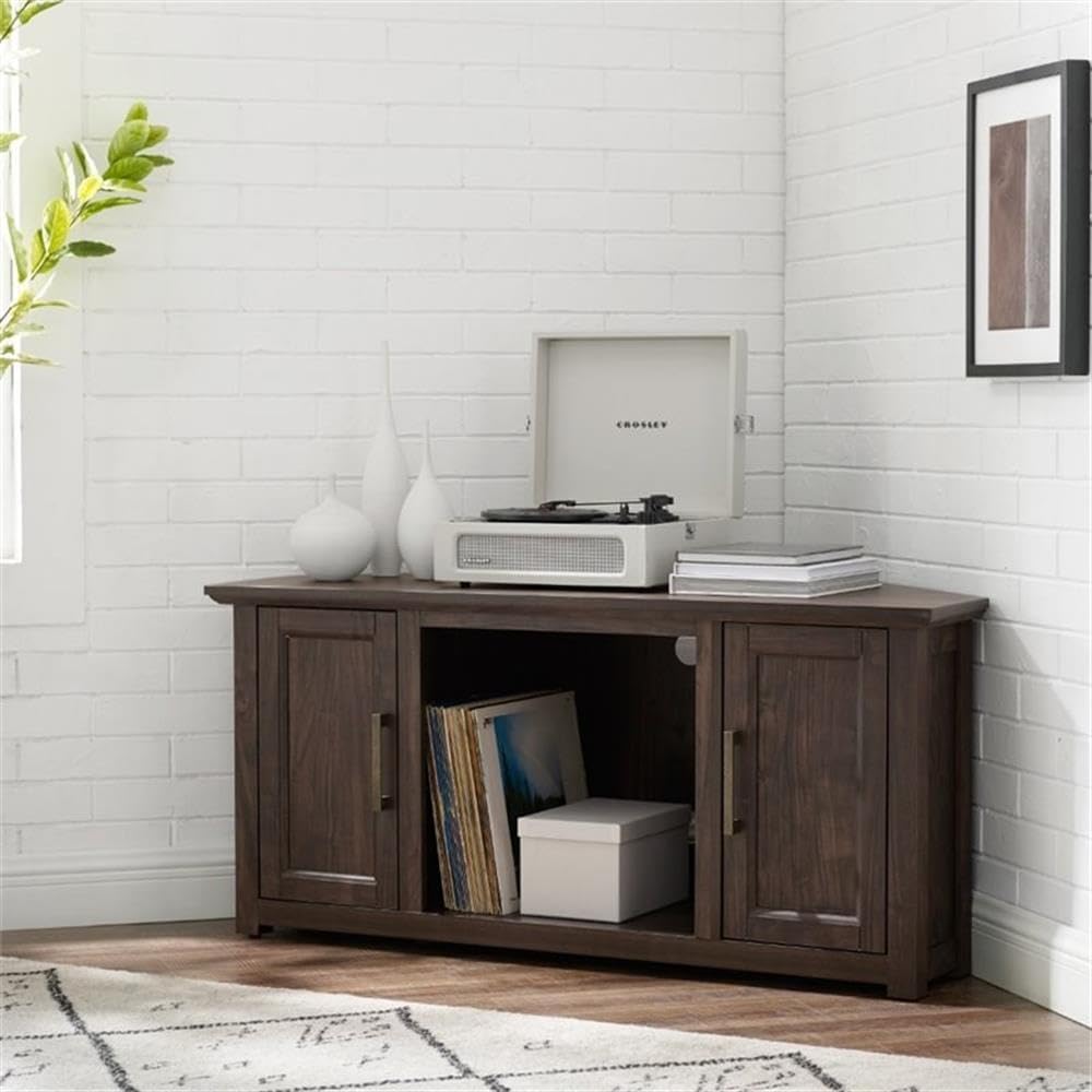 Pemberly Row Modern 48' Rustic Wood Corner TV Stand, Dark Walnut Finish, Fits TVs Up to 50 in, Adjustable Shelves, Antique Brass Hardware, Cable Management, Space-Saving Design for Living Room