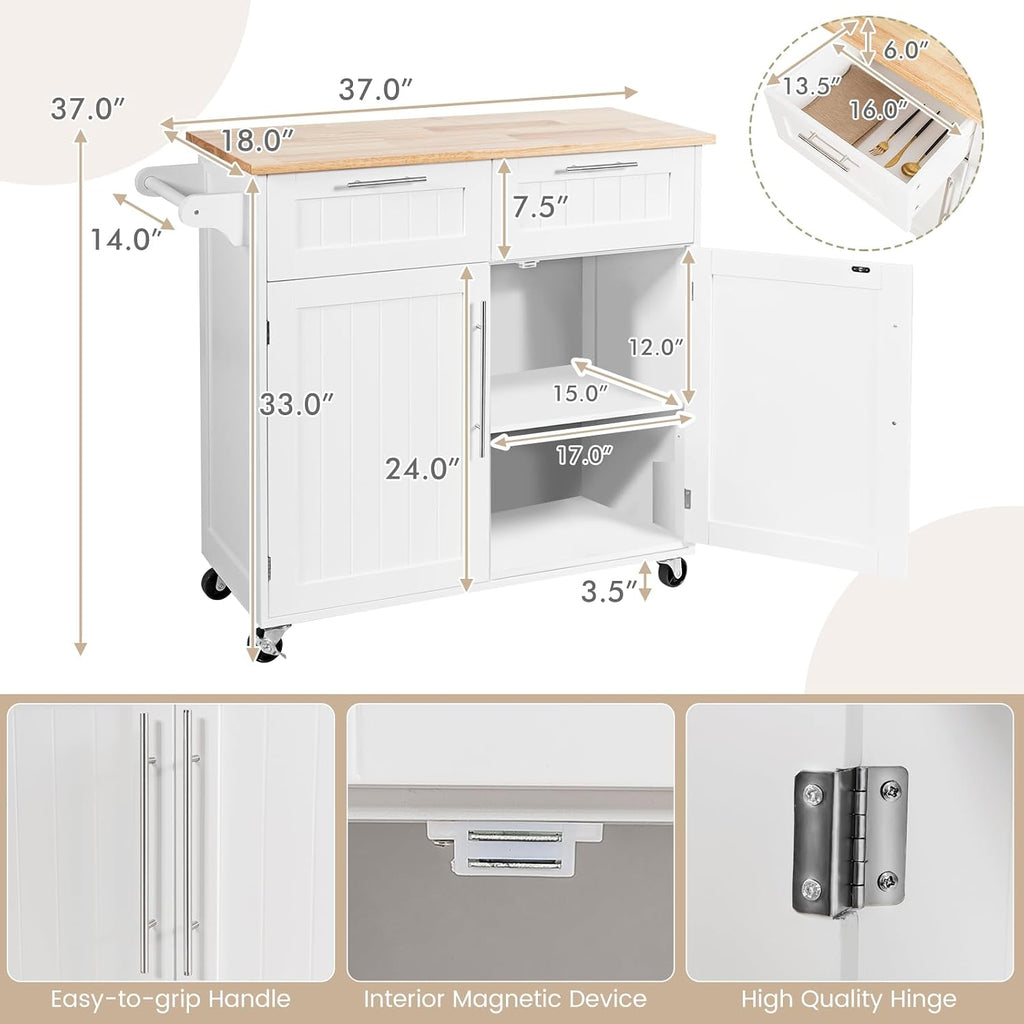 Kitchen Island with Storage, Mobile Kitchen Trolley Cart with Wheels, Rubber Wood Top, Adjustable Shelves, Towel Rack & Drawers, Rolling Kitchen Island Cart, 37' L x 18' W x 37' H (White)