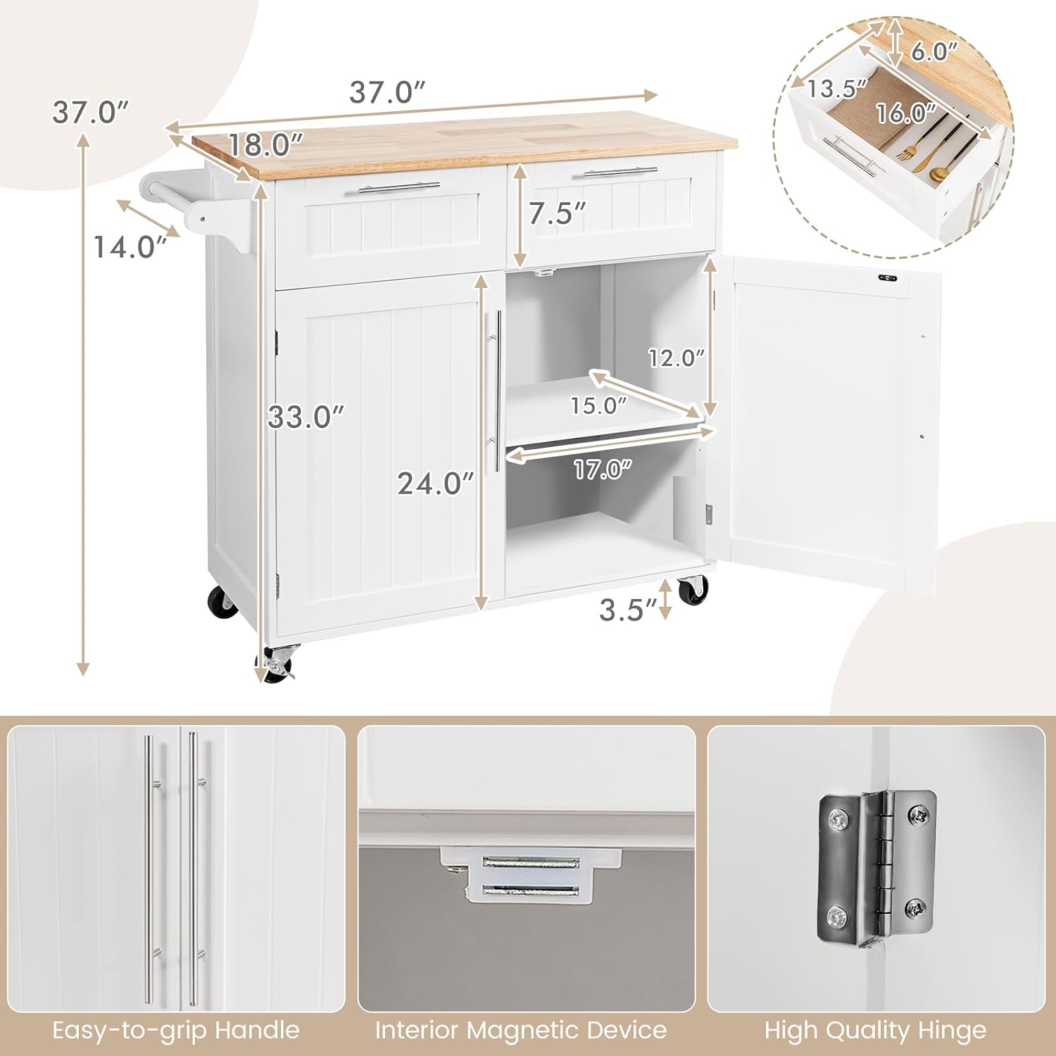 Kitchen Island with Storage, Mobile Kitchen Trolley Cart with Wheels, Rubber Wood Top, Adjustable Shelves, Towel Rack & Drawers, Rolling Kitchen Island Cart, 37' L x 18' W x 37' H (White)