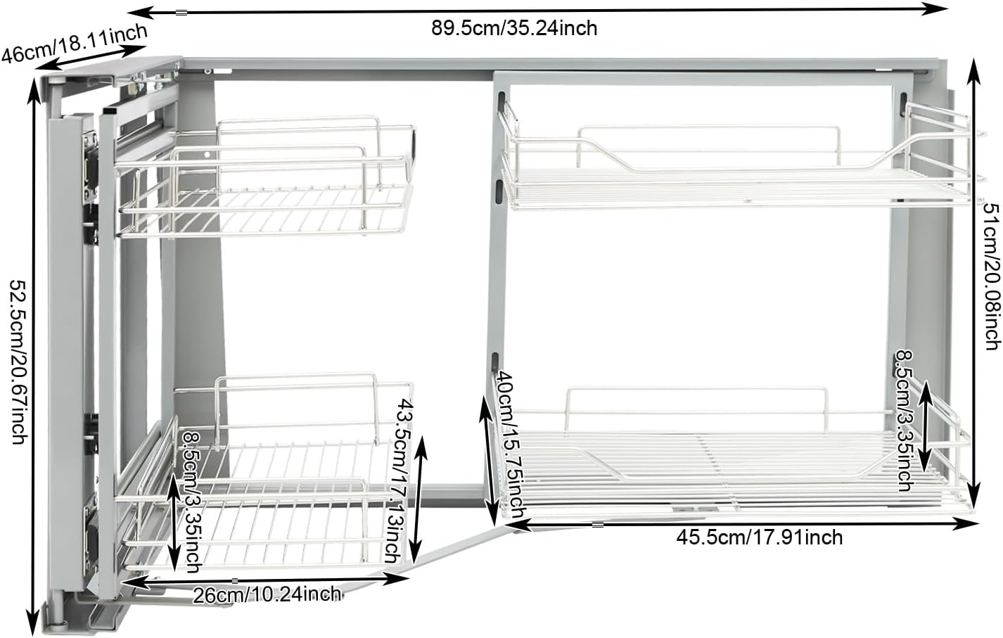 Blind Corner Cabinet Pull Out Right, 15 Inch Blind Corner Cabinet 2 Tiers Organizer Adjustable Design, Hidden Slide Out Shelves for Store Kitchen Utensils (Pull Out Left & Right, Style2)