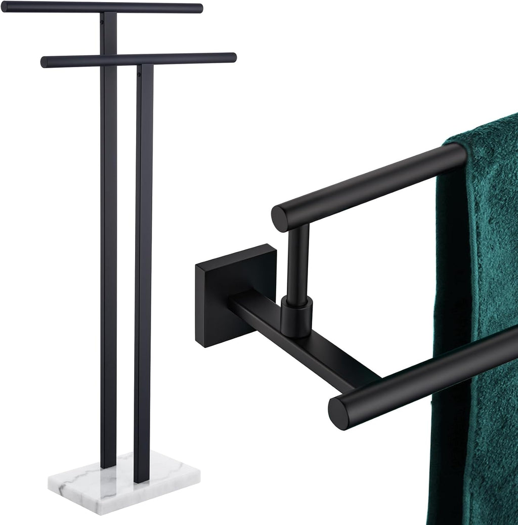 KOKOSIRI 24 Inch Bath Towel Bar Bathroom Towel Rack Free Standing Towel Racks for 2-Tier Towel Holder with Heavy Marble Base Matte Black B5009BK-L24+THS0005-BK