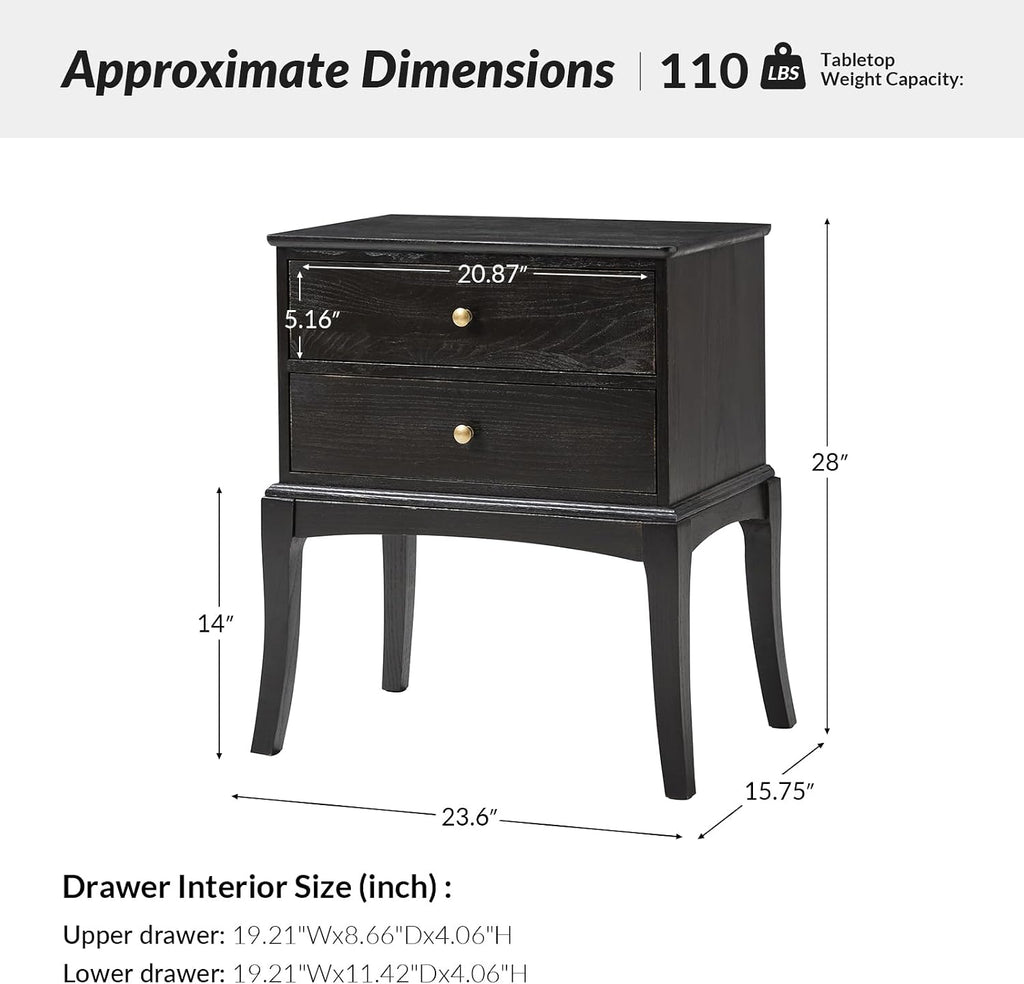 HULALA HOME Solid Wood End Table with Charging Station, 2 Drawer Side Table, Tall Mid Century Modern End Table for Living Room, Charcoal