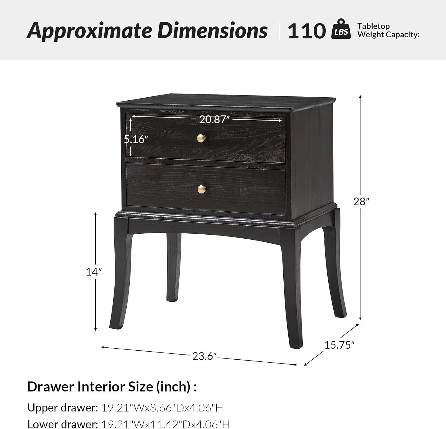HULALA HOME Solid Wood End Table with Charging Station, 2 Drawer Side Table, Tall Mid Century Modern End Table for Living Room, Charcoal