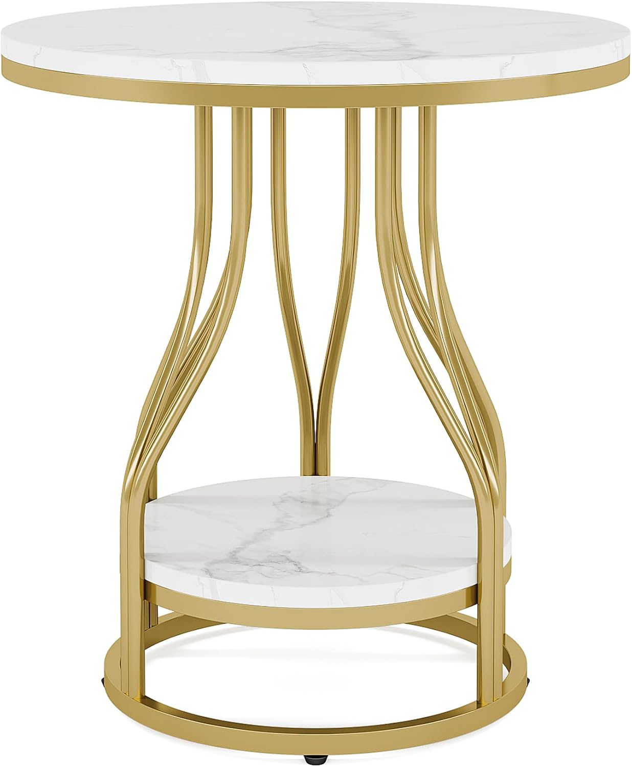 Tribesigns Round Side Table White Gold End Table Set of 2, 2-Tier End Table Modern Bedside Table Small Side Table with Storage Sofa Side Table with Metal Frame for Living Room