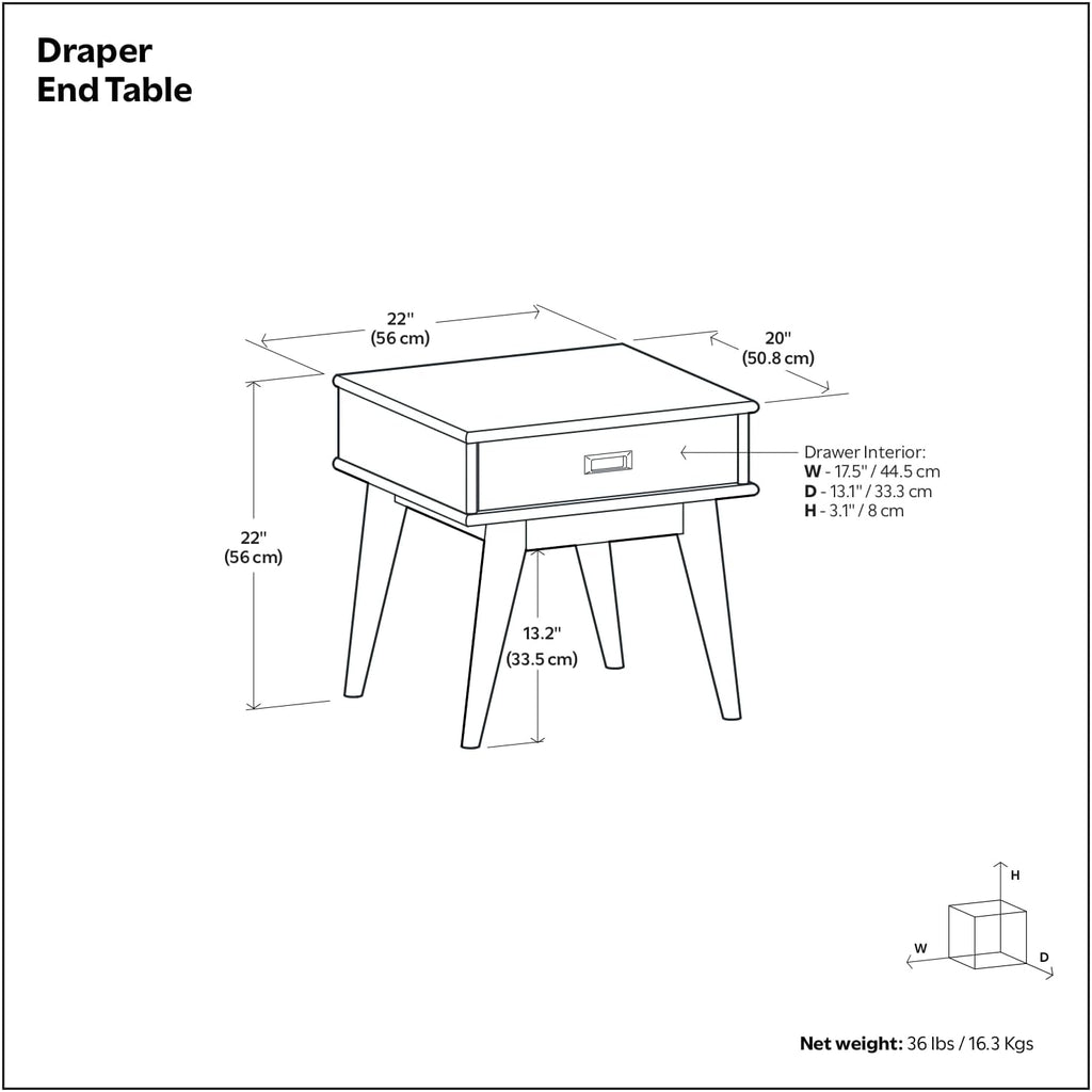 SIMPLIHOME Draper End Table - 22 inch Wide Solid Hardwood Rectangular Accent Table with Storage Drawer in Teak Brown, Mid-Century Modern Nightstand or Lamp Stand for Living Room or Bedroom