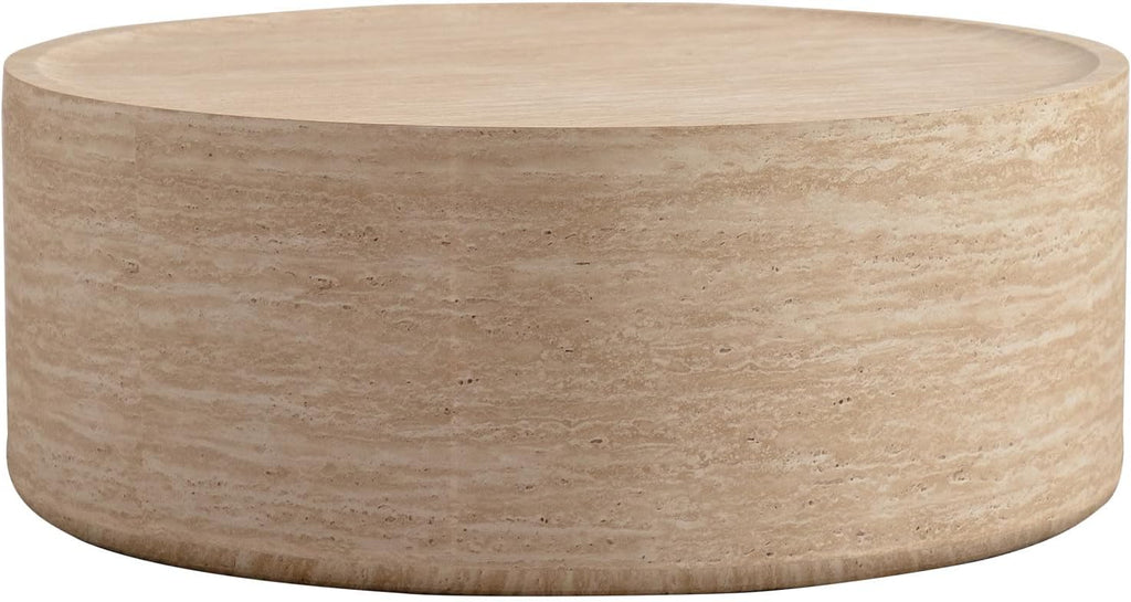 Modern Drum-Shape Coffee Table for Living Room 31.5' Round Cocktail Center Table Faux Travertine Finish Circle Coffee Tables for Home Office, Fully Assembled