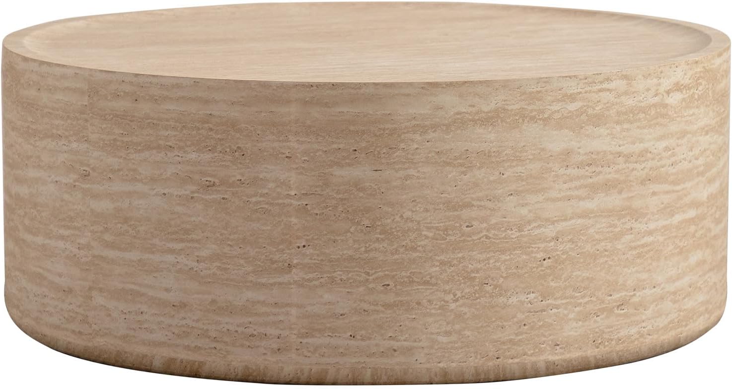 Modern Drum-Shape Coffee Table for Living Room 31.5' Round Cocktail Center Table Faux Travertine Finish Circle Coffee Tables for Home Office, Fully Assembled