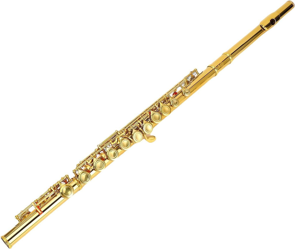 16 Keys C Flute Professional Closed Hole Cupronickel Flute Instrument with Split E Key Ergonomic Design for Beginner Student Adult Orchestra Performance Gold