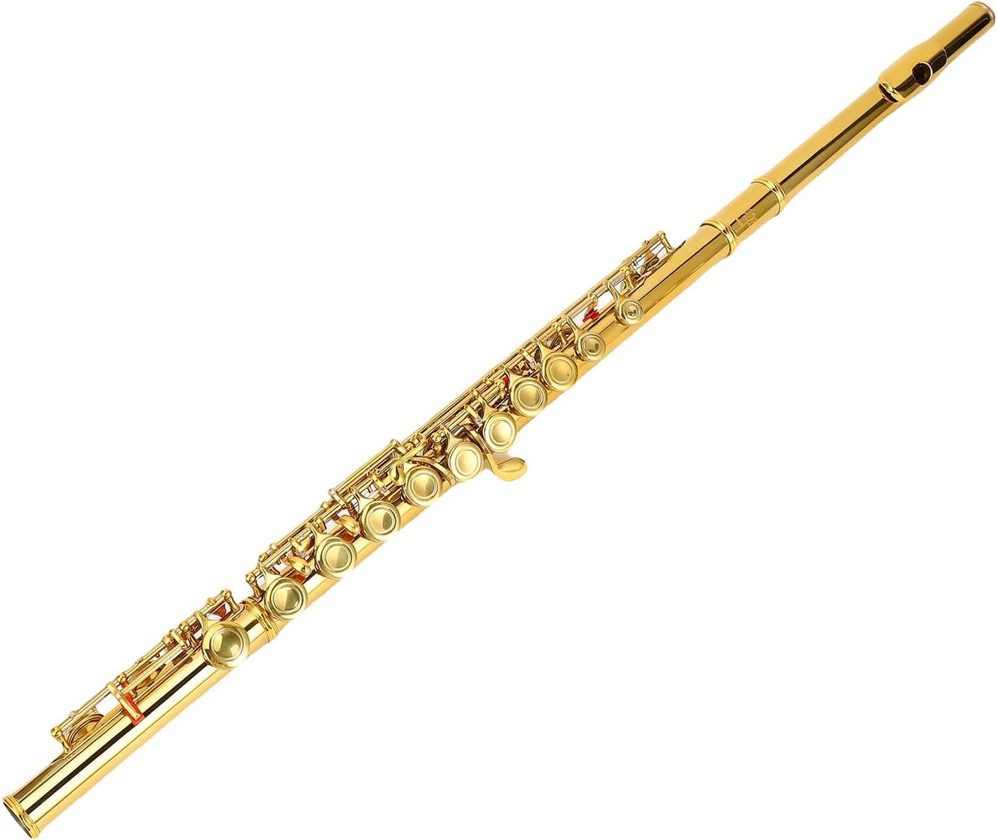 16 Keys C Flute Professional Closed Hole Cupronickel Flute Instrument with Split E Key Ergonomic Design for Beginner Student Adult Orchestra Performance Gold