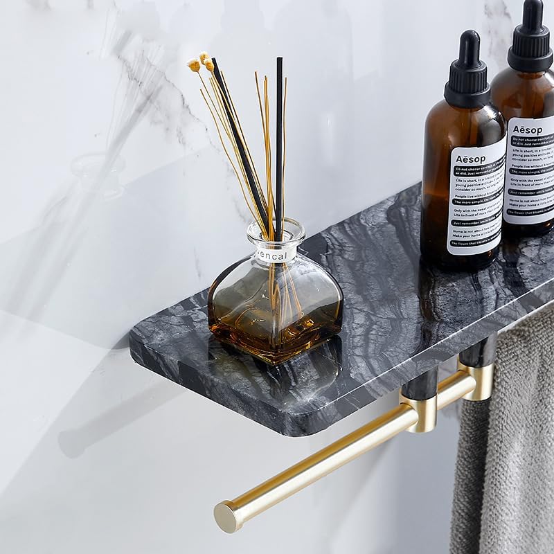 Marble Paper Towel Holder, Towel Rail, Wall Mounted Toilet Paper Holder, Shelf, black-30 Long Shelf with bar
