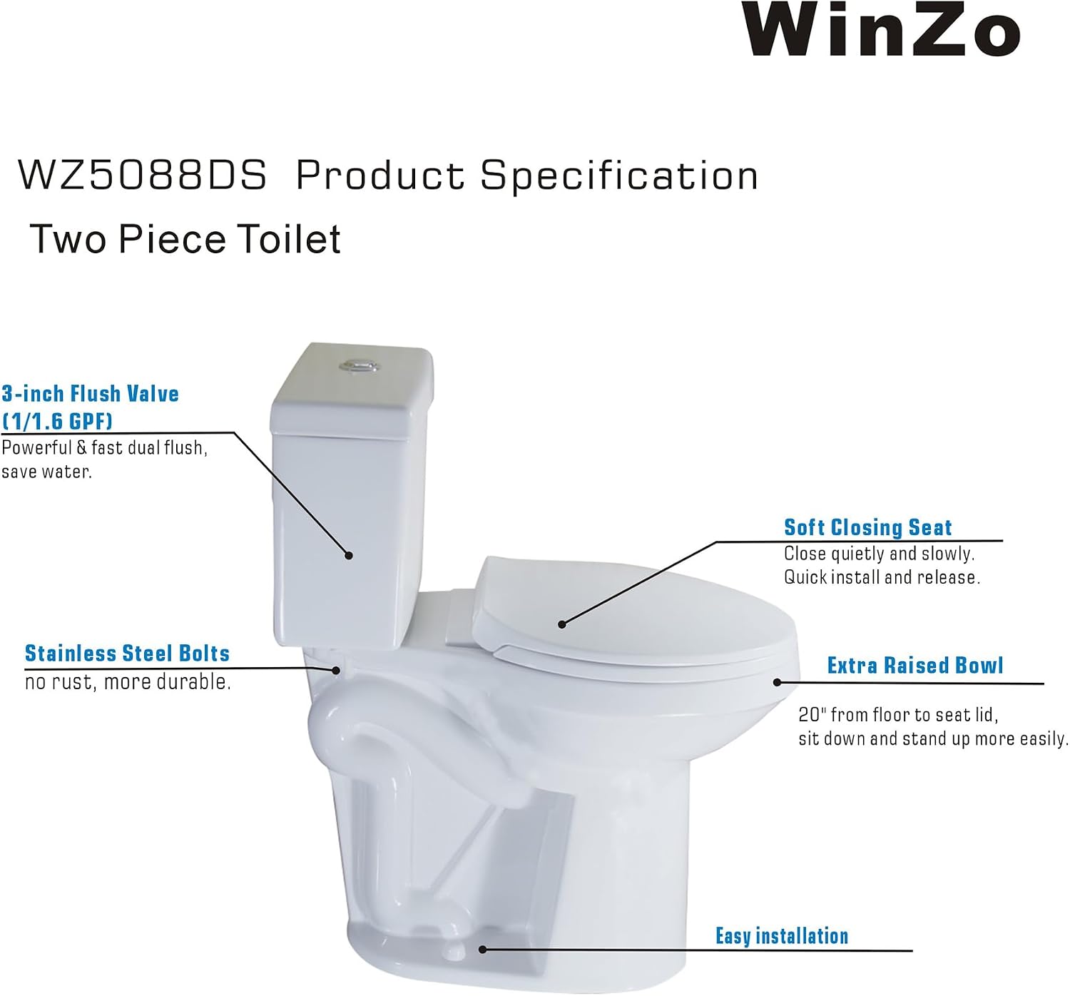 WinZo WZ5088DS 10' Rough-in Toilet Two Piece 20-inch Extra Tall Dual Flush Elongated for Seniors Elderly Tall Disabled Person,White