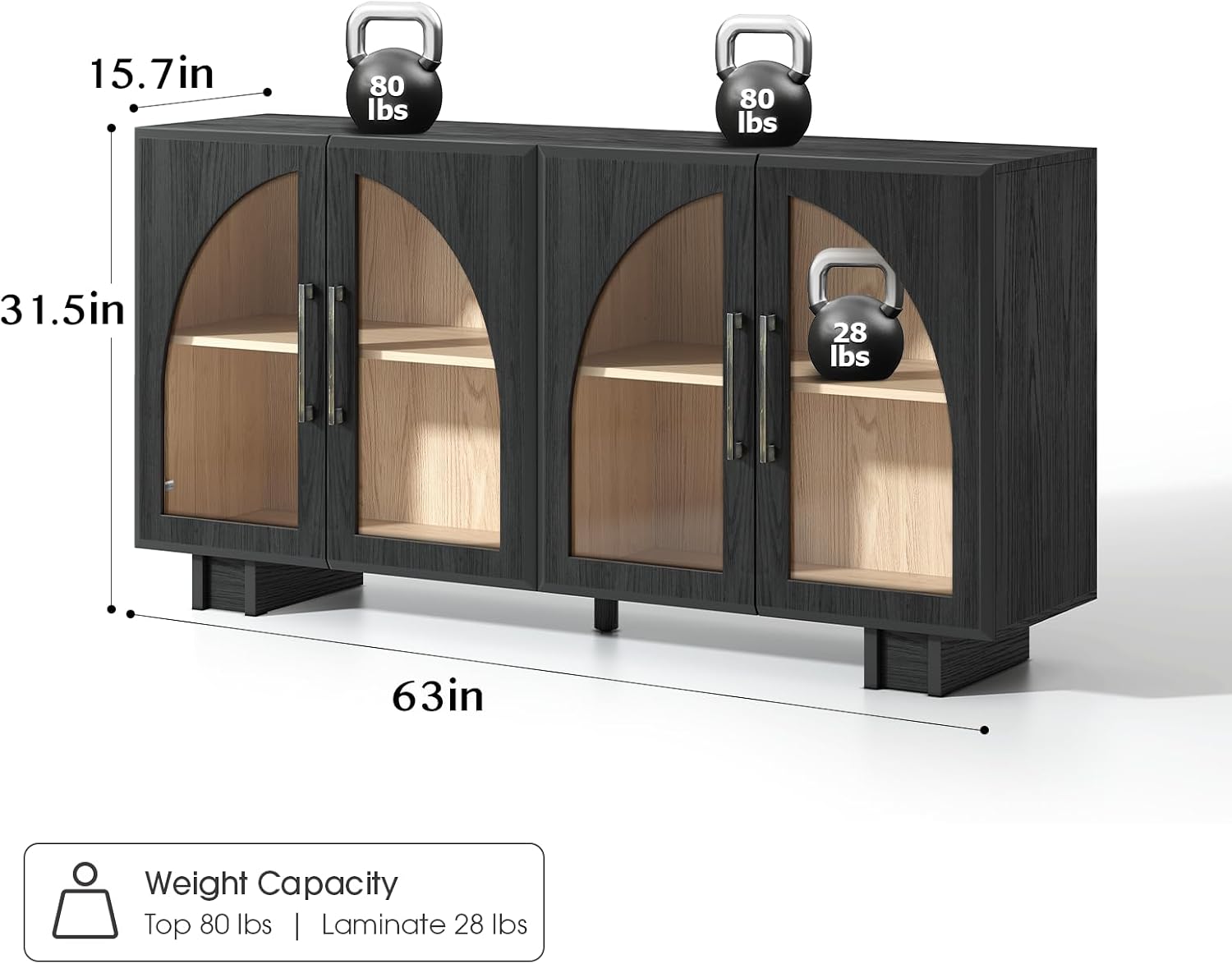 JOINICE Sideboard Buffet Cabinet with Storage,63' Modern Accent Console Cabinet with Glass Doors,Arched Credenza Storage Cabinet with Adjustable Shelves for Entryway,Kitchen,Black