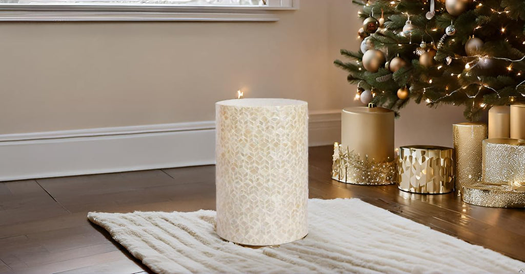 PEMAR Capiz Shell Cylinder Drum End Table Nacre Side Table Stool Round Drum Accent Coffee Bedside Nightstand and Vanity Stool, 13' Diameter x 19.3' High, White Cream