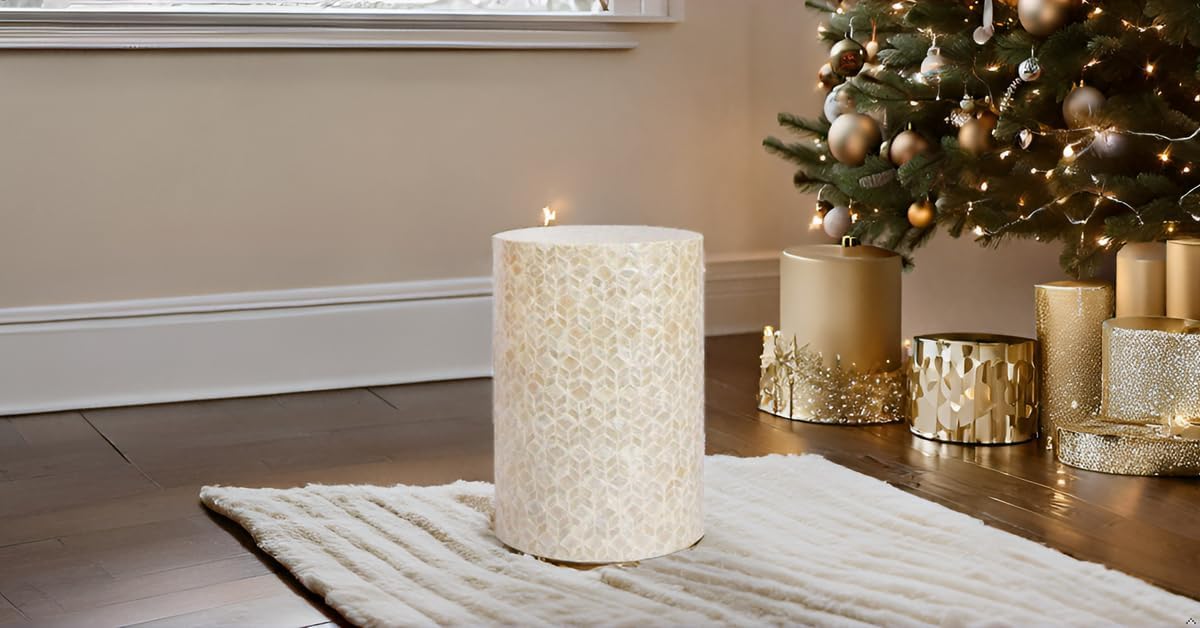 PEMAR Capiz Shell Cylinder Drum End Table Nacre Side Table Stool Round Drum Accent Coffee Bedside Nightstand and Vanity Stool, 13' Diameter x 19.3' High, White Cream