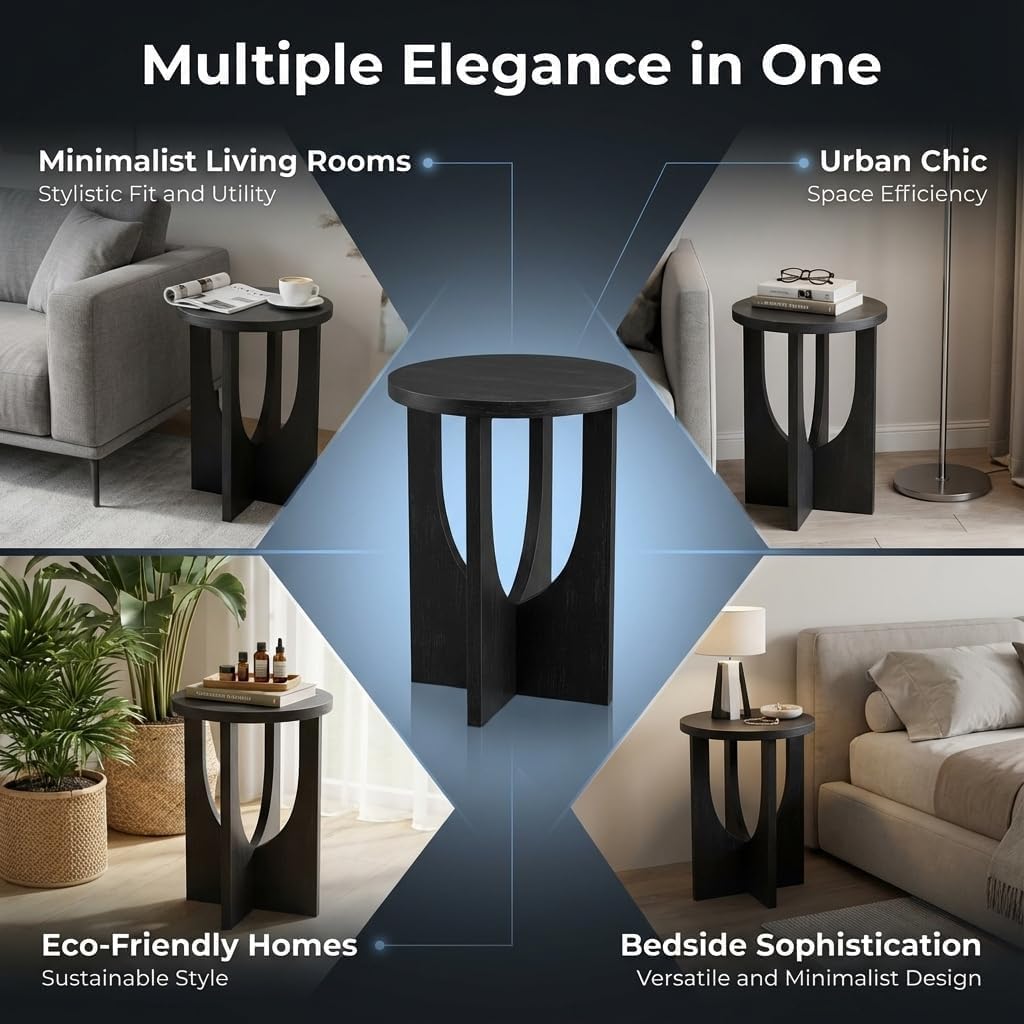 Stupa Solid Wood End Table – 22' Tall Round Side Table for Living Room or Bedroom, Handcrafted Accent Table in Distressed Black Finish, Easy Assembly, Modern Minimalist Design for Small Spaces