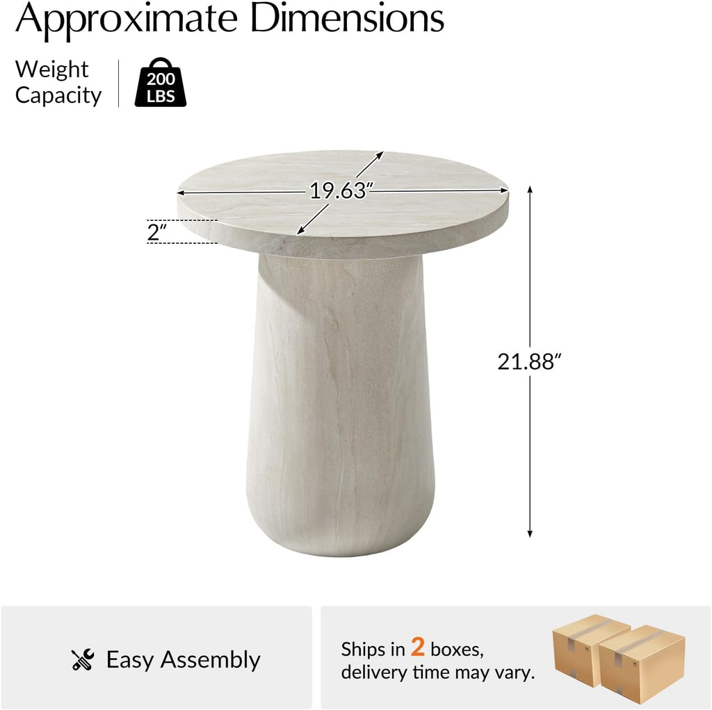 HULALA HOME Sculptural Round End Table with Pedestal Base, Faux Marble Accent Table for Modern Living Room(Beige)
