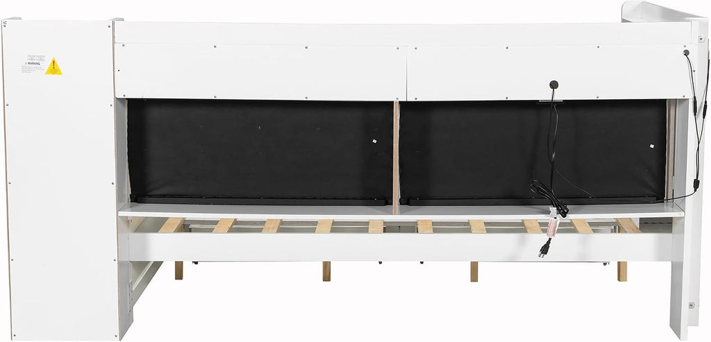Merax Full Size Multifunctiona Daybed with Storage Drawers and Built-in Shelves & Desk, Corner Bed Frame with Charging Station, LED Light, Upholstered Headboard and Backrest