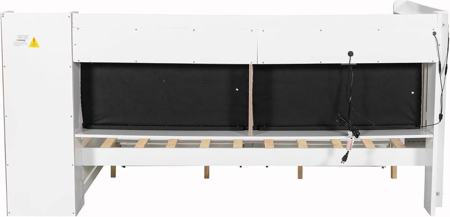 Merax Full Size Multifunctiona Daybed with Storage Drawers and Built-in Shelves & Desk, Corner Bed Frame with Charging Station, LED Light, Upholstered Headboard and Backrest