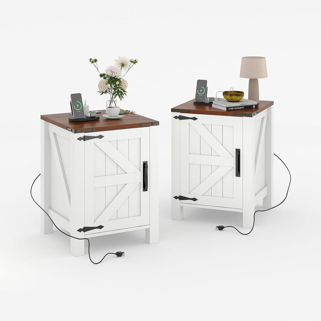 Garvee Rustic Farmhouse Nightstand Set of 2 with Charging Station, Barn Door and Adjustable Storage Shelf, Wooden Small Bedside Table, 18' Modern Two-Tier Nightstand & End Table for Bedroom