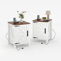 Garvee Rustic Farmhouse Nightstand Set of 2 with Charging Station, Barn Door and Adjustable Storage Shelf, Wooden Small Bedside Table, 18' Modern Two-Tier Nightstand & End Table for Bedroom
