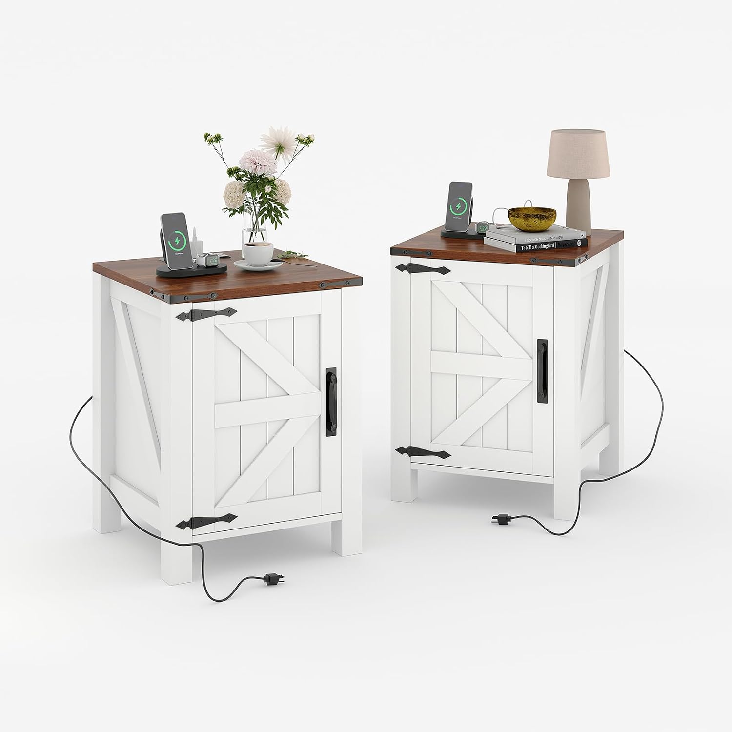 Garvee Rustic Farmhouse Nightstand Set of 2 with Charging Station, Barn Door and Adjustable Storage Shelf, Wooden Small Bedside Table, 18' Modern Two-Tier Nightstand & End Table for Bedroom